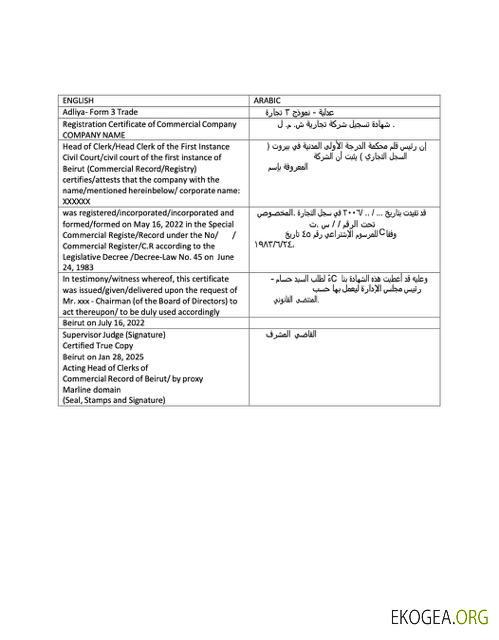Modèle Word et PDF de certificat d'enregistrement au Liban